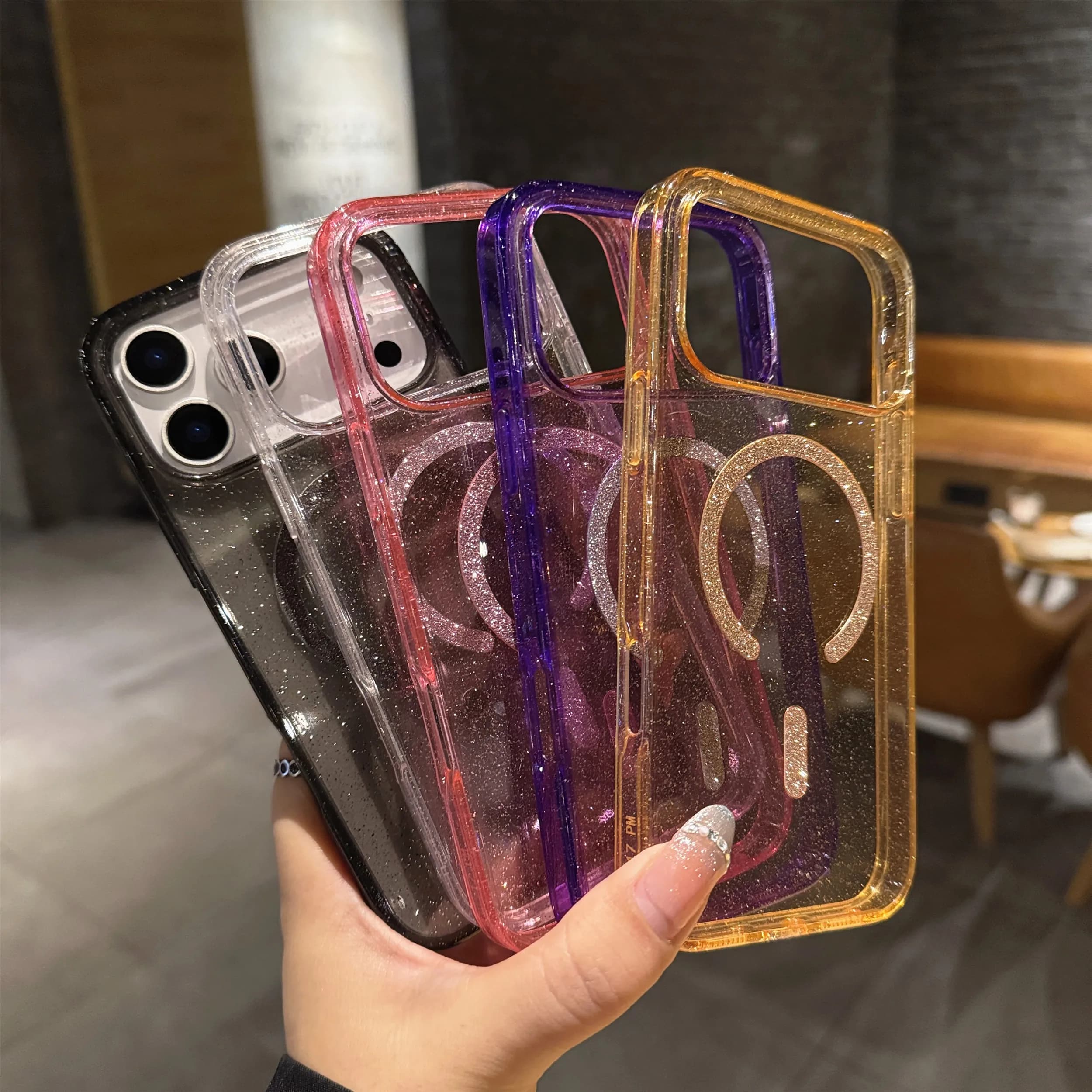Bling Glitter Transparent PC For Magsafe Case For iPhone 17 Pro Max Air 16 15 Hard Magnetic Wireless Charging Ring Armor Cover
