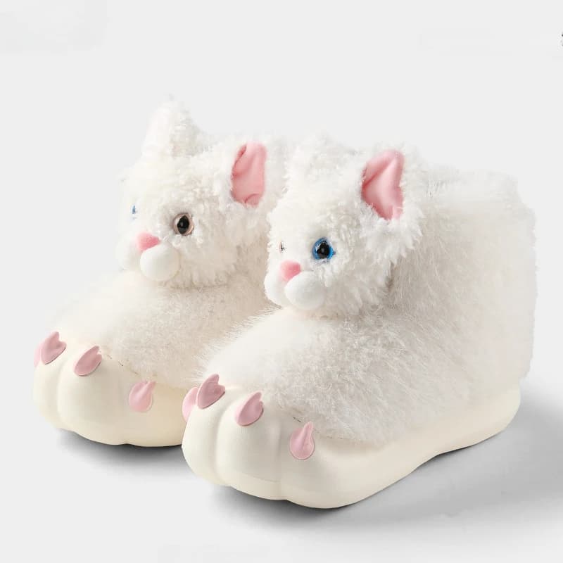 Simpatiche scarpe da casa con zampa di gatto per donna Pantofole soffici per interni Suola spessa Morbida peluche antiscivolo Stivali da neve caldi per ragazze pelosi
