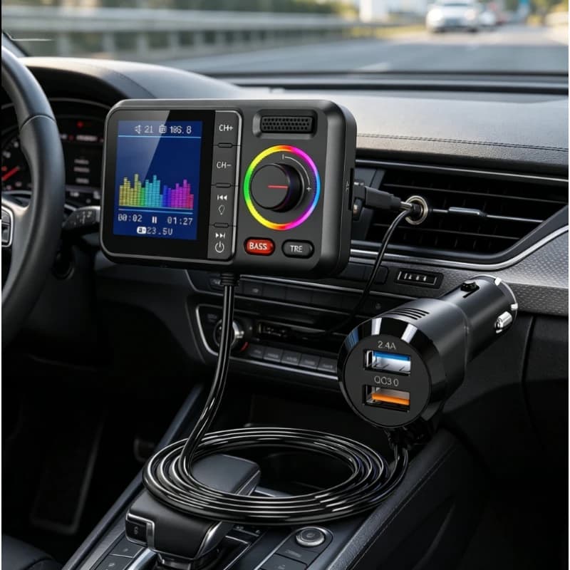 2026 NUOVO Trasmettitore FM Wireless per Auto con Grande Schermo a Colori, Ricarica Rapida QC3.0 Dual USB 2.4A, Chiamate Vivavoce, Lettore Musicale MP3 AUX