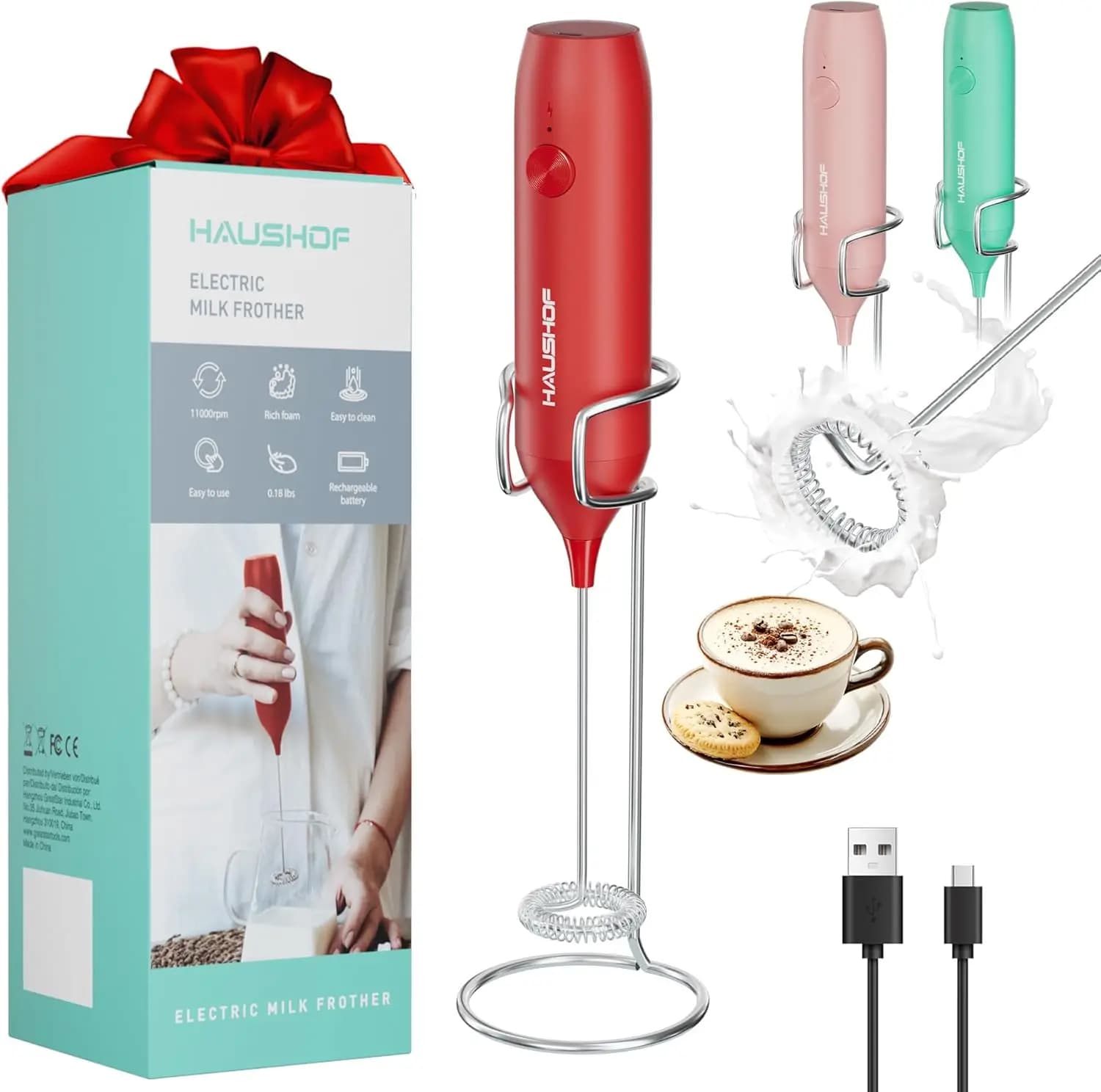Rechargeable Milk Frother with Stand, Handheld Electric Foam Maker, Drink Mixer for Coffee Latte, Cappuccino