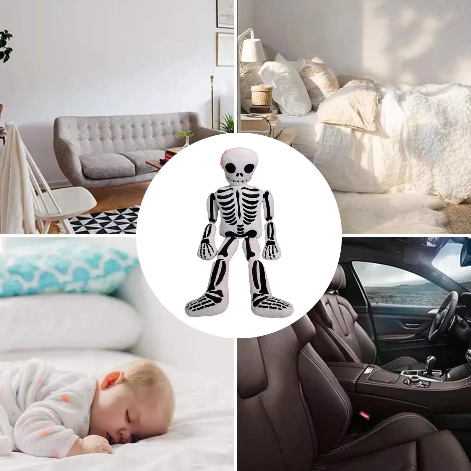 Skeleton Plush Pillow - Soft Halloween Stuffed Human Skeleton Cushion for Kids Adults, Home Decor, Living Room, Photo Prop