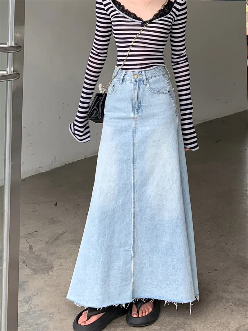 Women's Y2K jeans skirt Trend 2025 - Long waist denim skirt high blue Retro Coquette Street Style 2641
