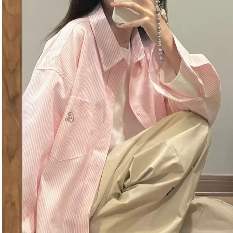 Pink Harajuku Women Striped Shirts Fashion Long Sleeve Sunscreen Oversize Spring Summer Blouse Button Y2k Streetwear Clothes