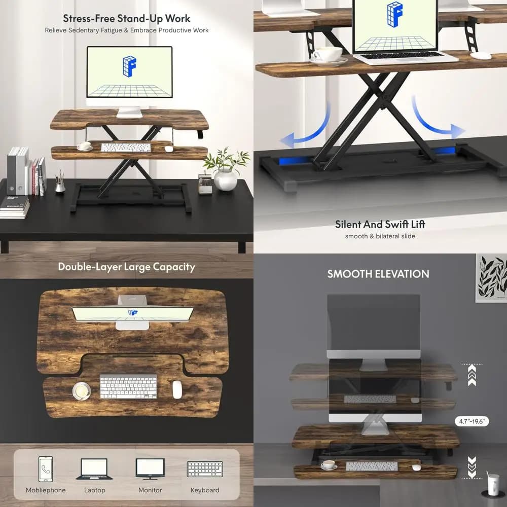 Convertitore per Scrivania Regolabile in Altezza Stile Rustico per Monitor e Laptop, Postazione di Lavoro Regolabile con Vassoio per Tastiera