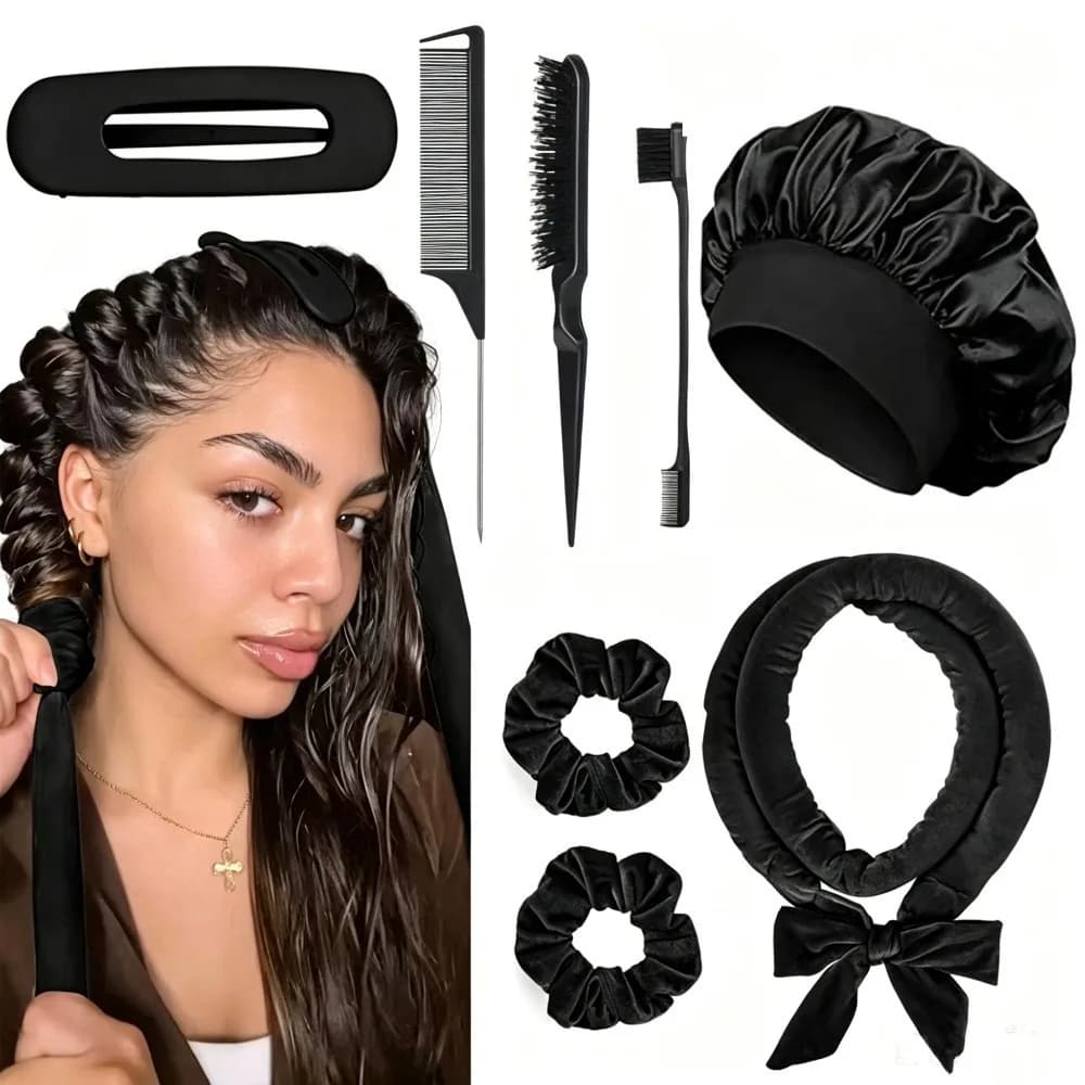 Set Arricciacapelli Senza Calore 8/5/4 Pezzi, Cuffia in Raso, Ricci Senza Calore per la Notte, Spazzola per Bordi, Elastici per Capelli, Pettine Nero, Strumenti per lo Styling, Pettine Regalo