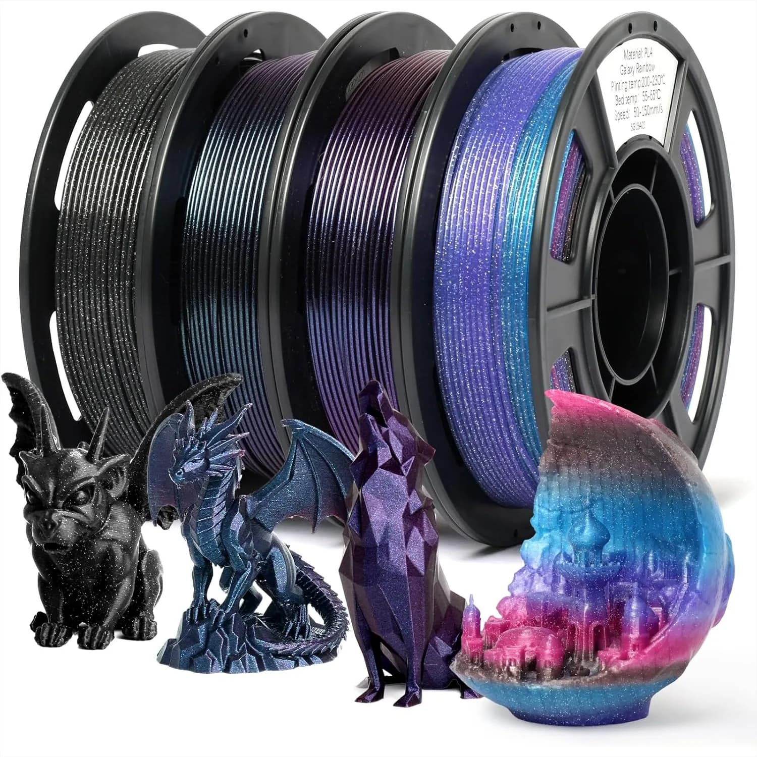 Filamento PLA Galaxy Glitter 1,75 mm, con effetto camaleonte e glitter lucido, confezione da 4 bobine da 250 g per stampanti 3D FDM