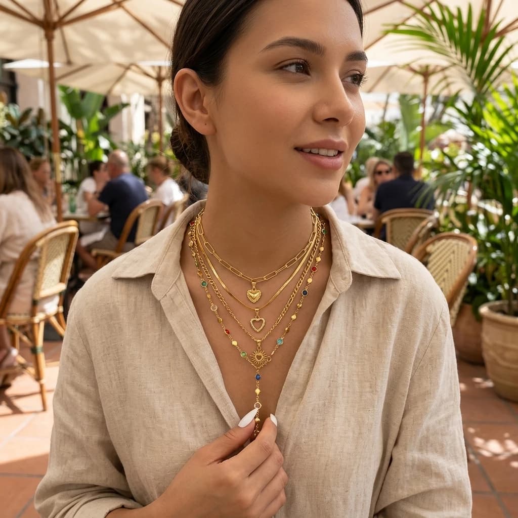 Collana da donna con disco geometrico e nappe, in lega, a strati, per l'estate, per tutti i giorni, feste e viaggi