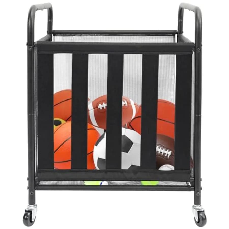 Carrello Porta Palloni Sportivi con Ruote, Gabbia per Pallacanestro Bloccabile con Cinghie Elastiche, Organizzatore per Attrezzature Sportive per Interni ed Esterni