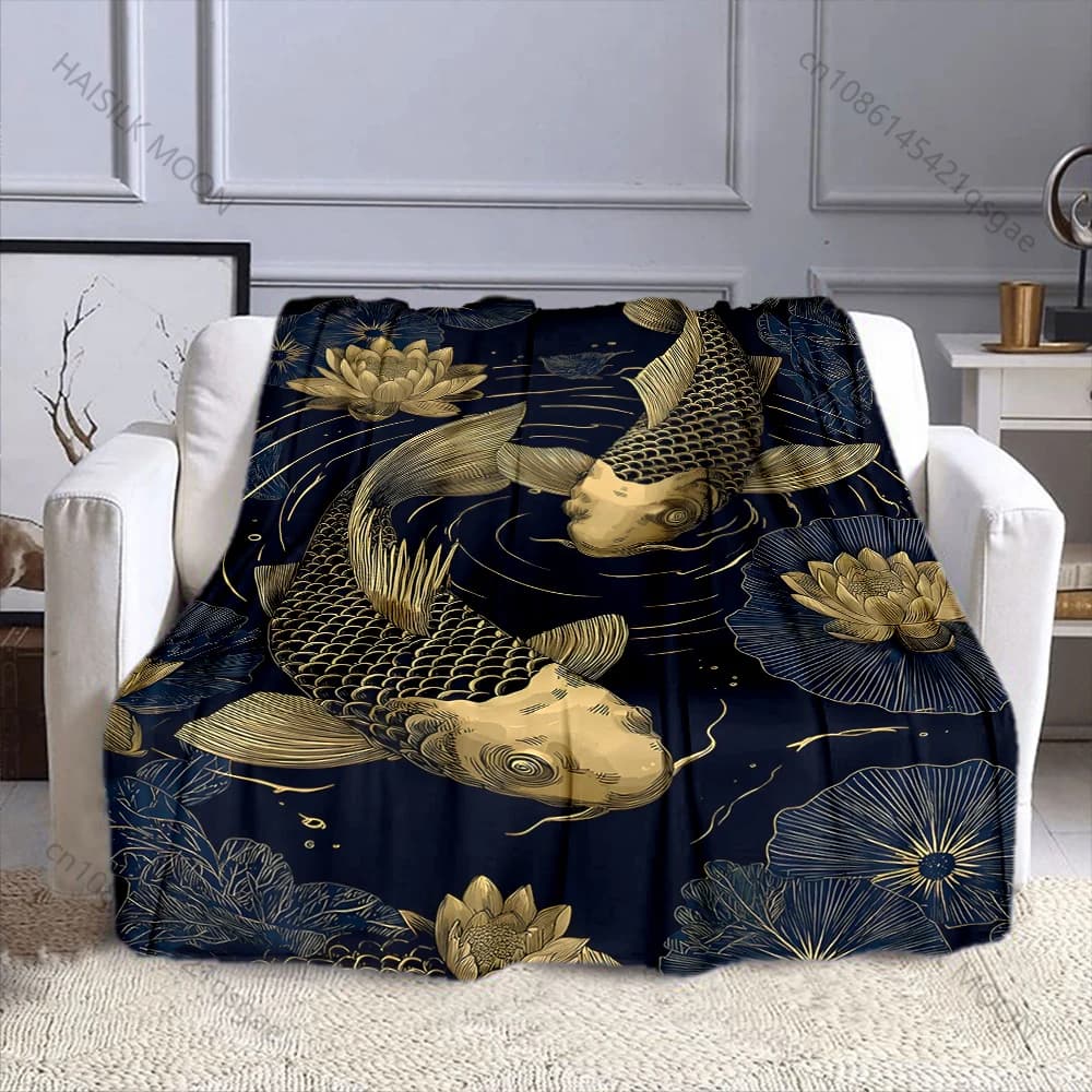 Coperta con stampa di due pesci koi e fiori di loto, in flanella, morbida e calda, per tutte le stagioni, per casa, campeggio, picnic, camper