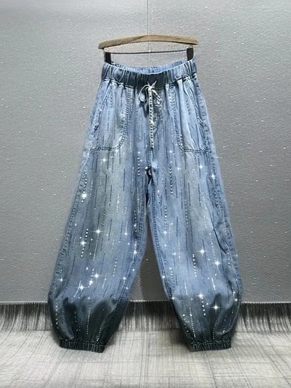 Spring 2026 New Style Women's Casual Loose Fit High Waist Wide Leg Jeans Sequin Embellished Cuffed Lantern Leggings