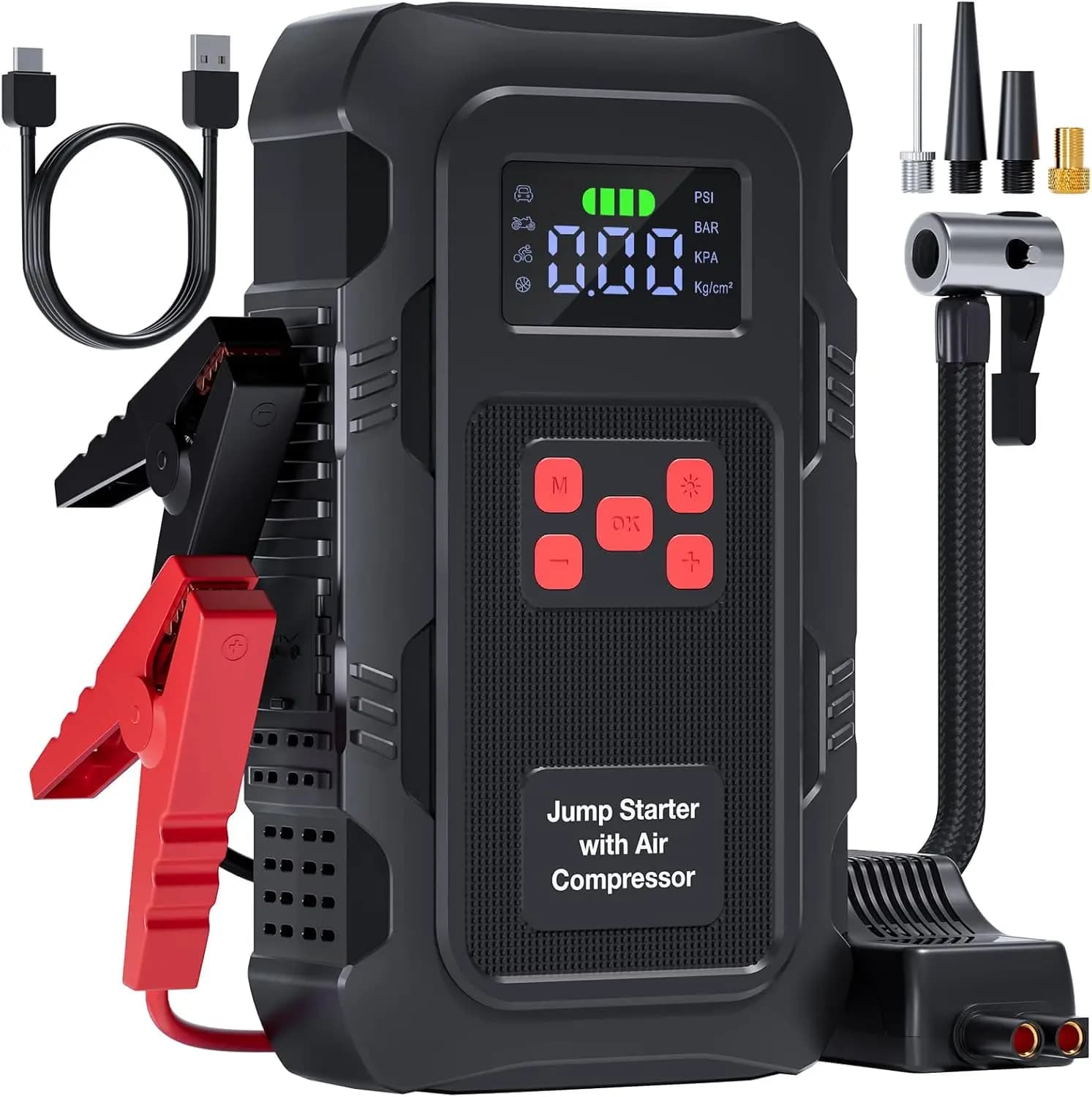Avviatore di Emergenza Portatile 5000A con Compressore d'Aria, Gonfiatore Pneumatici 150 PSI per Motori a Benzina/Diesel, Rosso