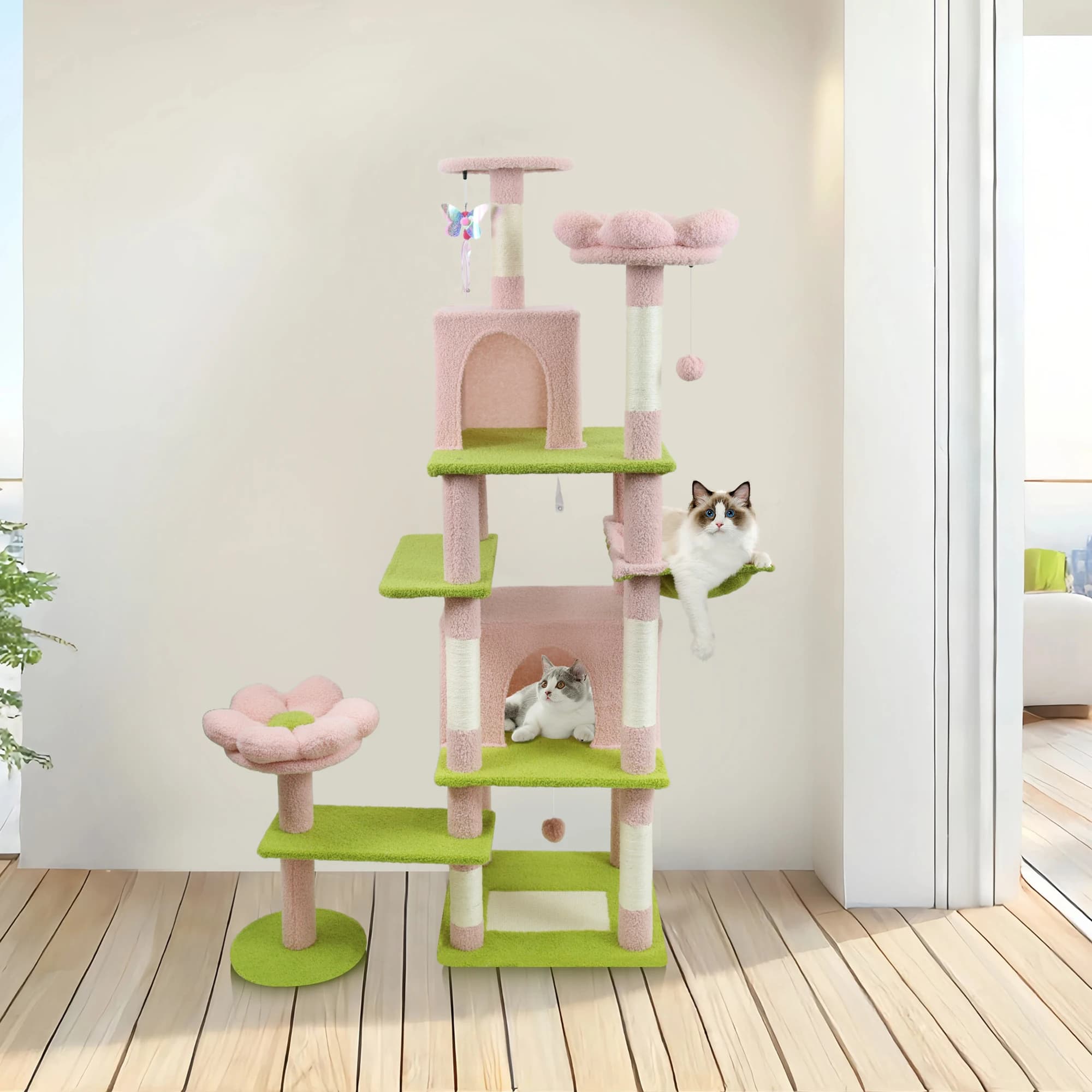 71 Inch Flower Cat Tree Condo with Removable Cushion And Hammock Large Scratching Post And Perching Platform for Cats