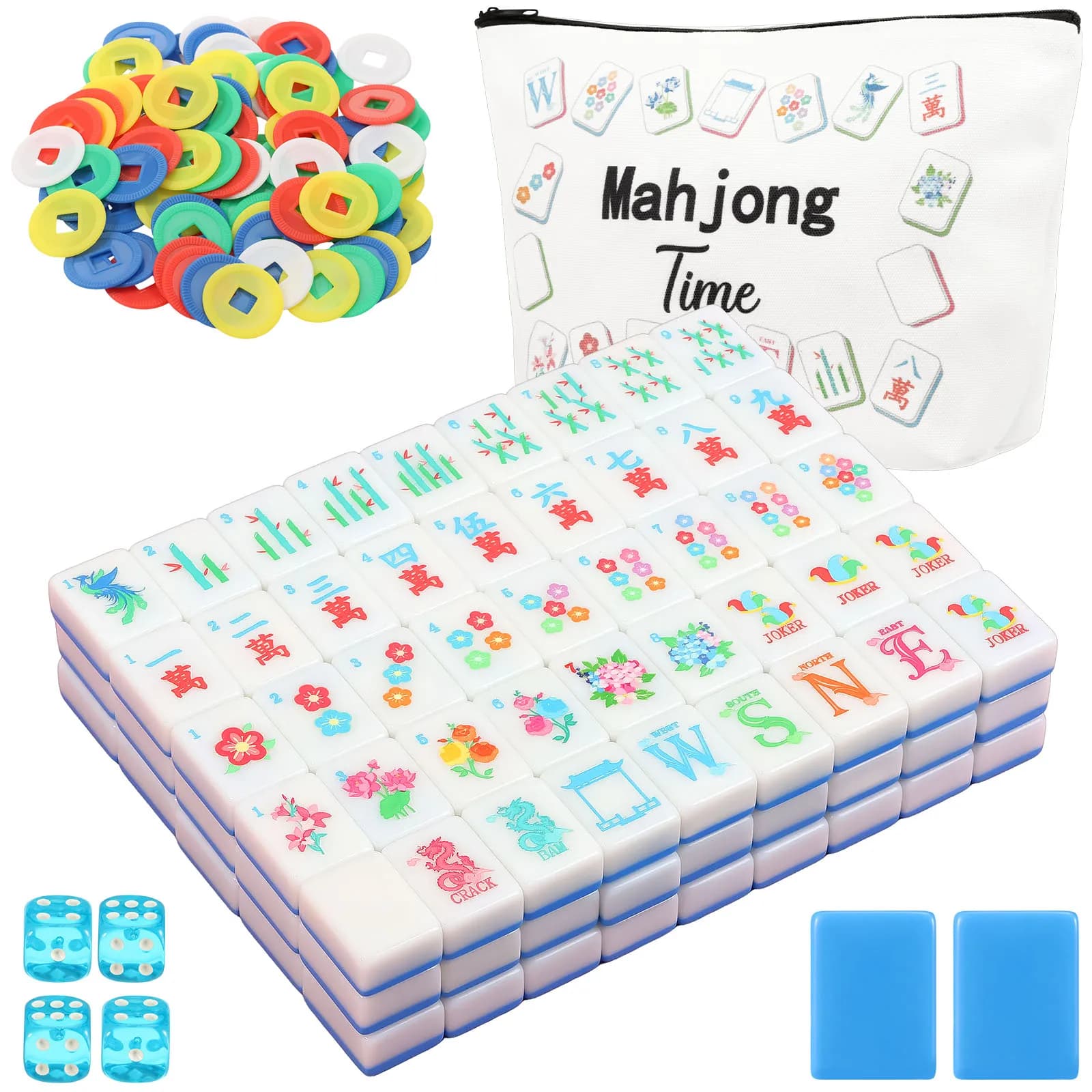 Set Mahjong Americano con 160 Tessere, 100 Fiches, 4 Dadi e 1 Borsa con Cerniera - Gioco da Tavolo Portatile Mahjong Occidentale
