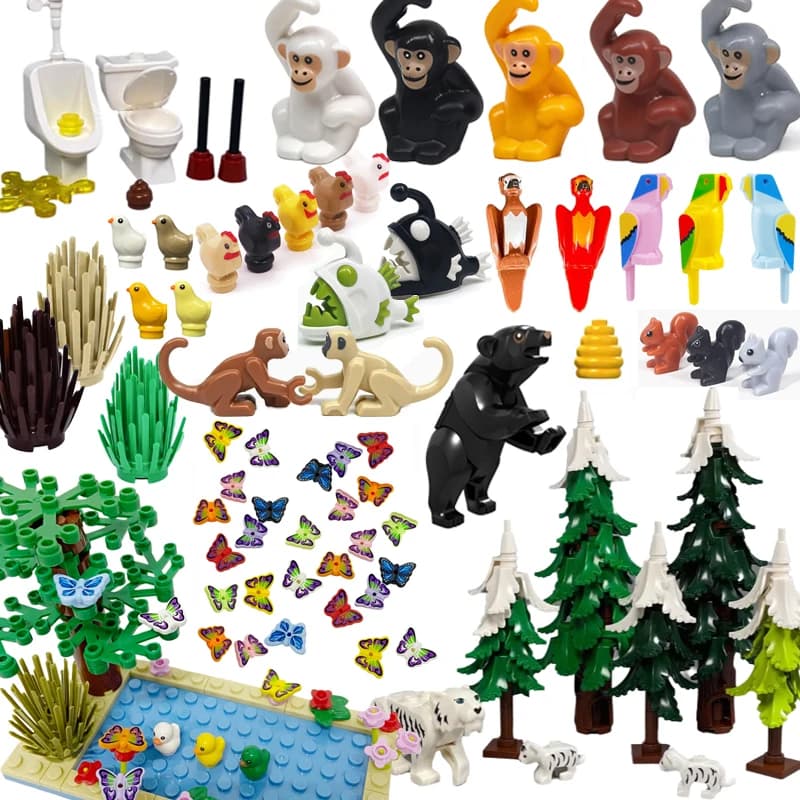 Blocchi da Costruzione MOC City Animali: Farfalla, Insetto, Uccello, Gatto, Scimmia, Orso, Coccodrillo, Mucca, Albero di Pino Invernale - Giocattoli da Assemblare N15