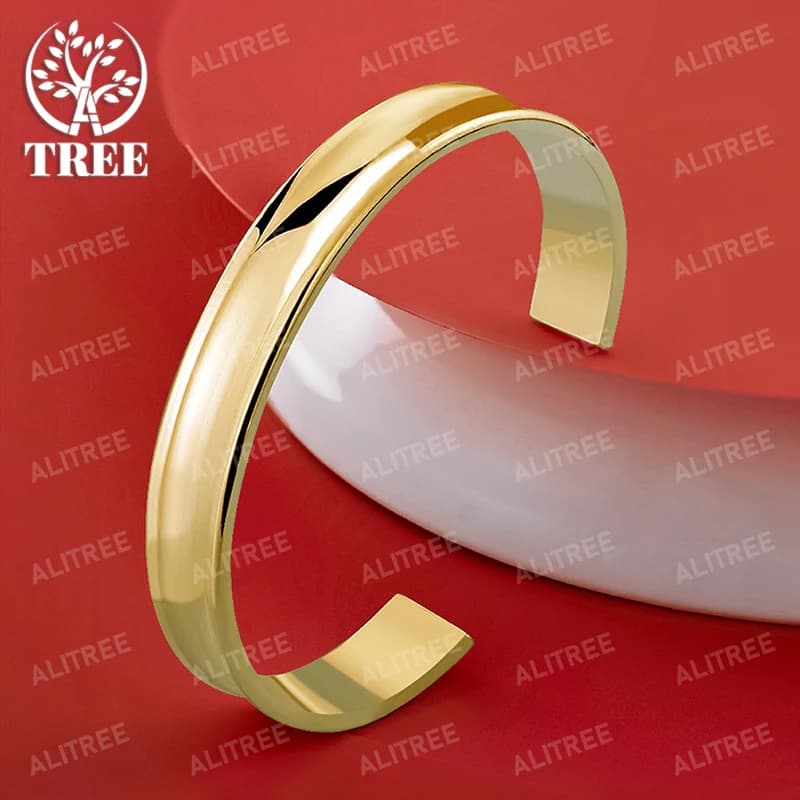 ALITREE 18K Gold 925 Sterling Silver 12mm Wide Open Bangles For Women Men Party Wedding Fashion Jewelry Bangle Birthday Gifts