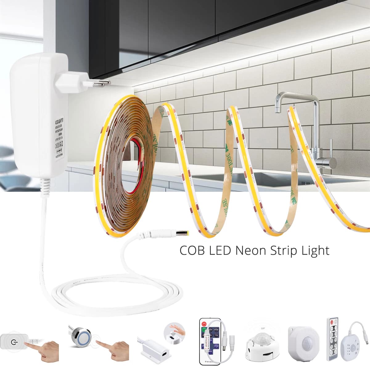Striscia LED COB 12V 320 led/m Larghezza 8mm con adattatore RF Porta dell'armadio remota Touch Dimmer Spazzatrice manuale Sensore di movimento PIR