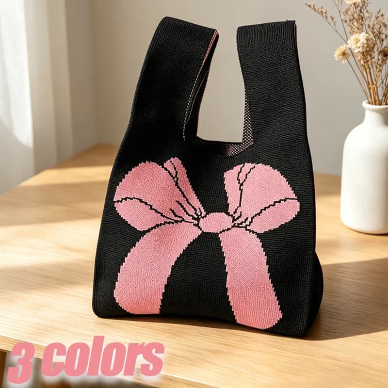Knot Wrist Tote Handmade Knit Handbag Reusable Casual Bow Tie Knot Wrist Bag Fashion Shopping 20x36cm Knitted