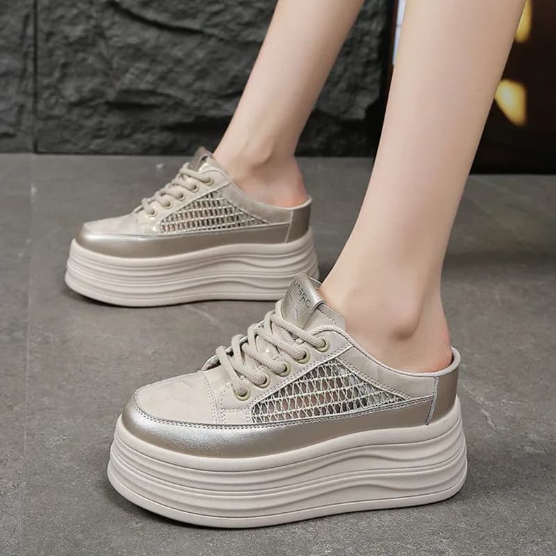 New Women Slippers Thick Bottom Boosting Casual Sneakers 2026 Breathable Mesh Soft Sole Versatile Low Top Flat Color Block Shoes