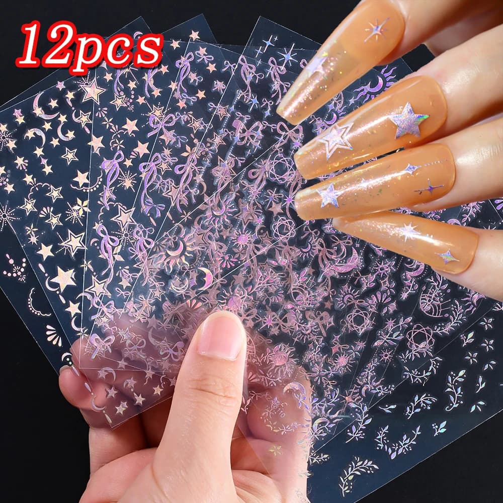 12 pieces 3D holographic pink star/luna/arch stickers for iridescent nails Starlight nail art decals self-adhesive manicure slider sticker