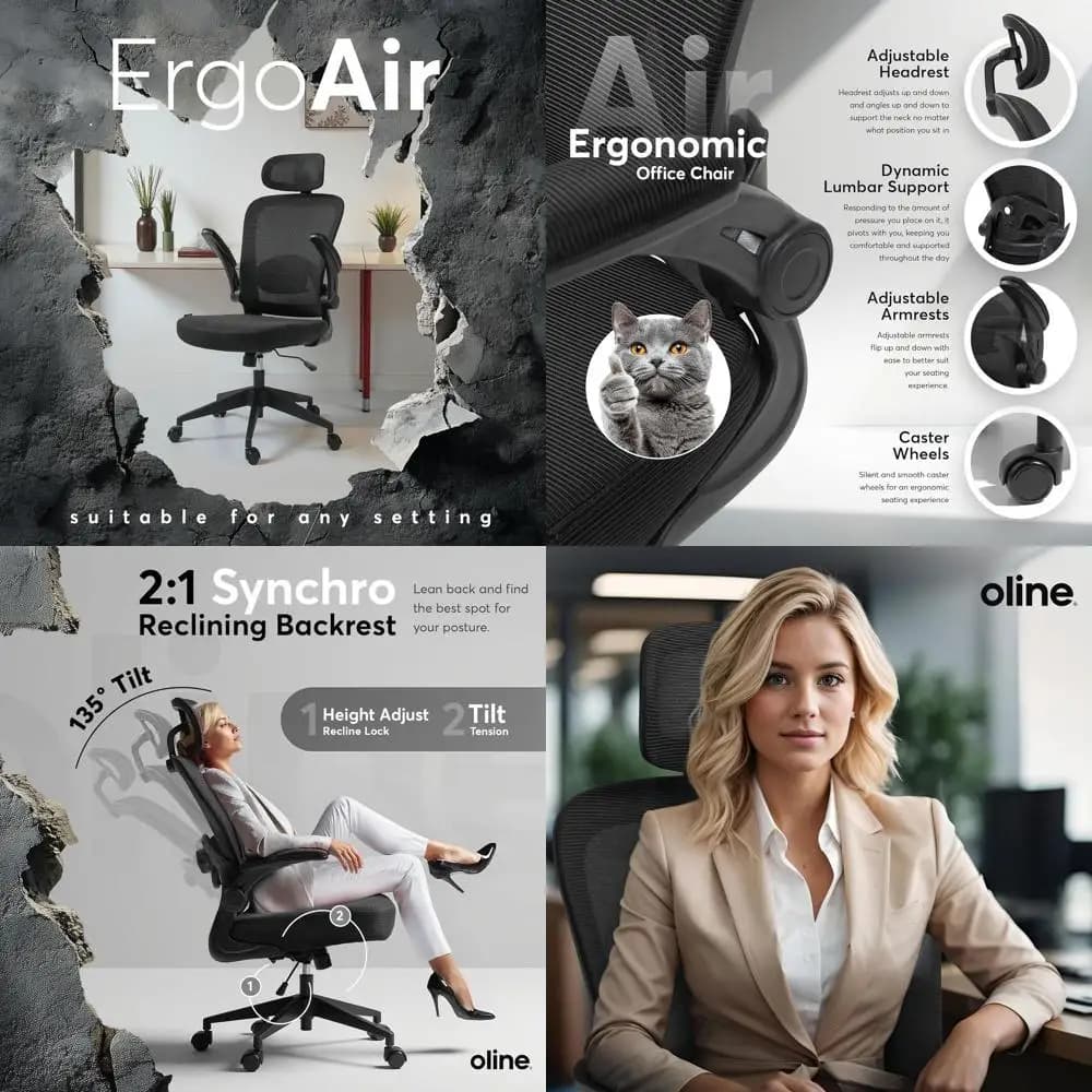 Sedia da ufficio ergonomica – Supporto lombare regolabile, braccioli ribaltabili, sedia da scrivania in rete, sedia da gaming girevole con ruote per