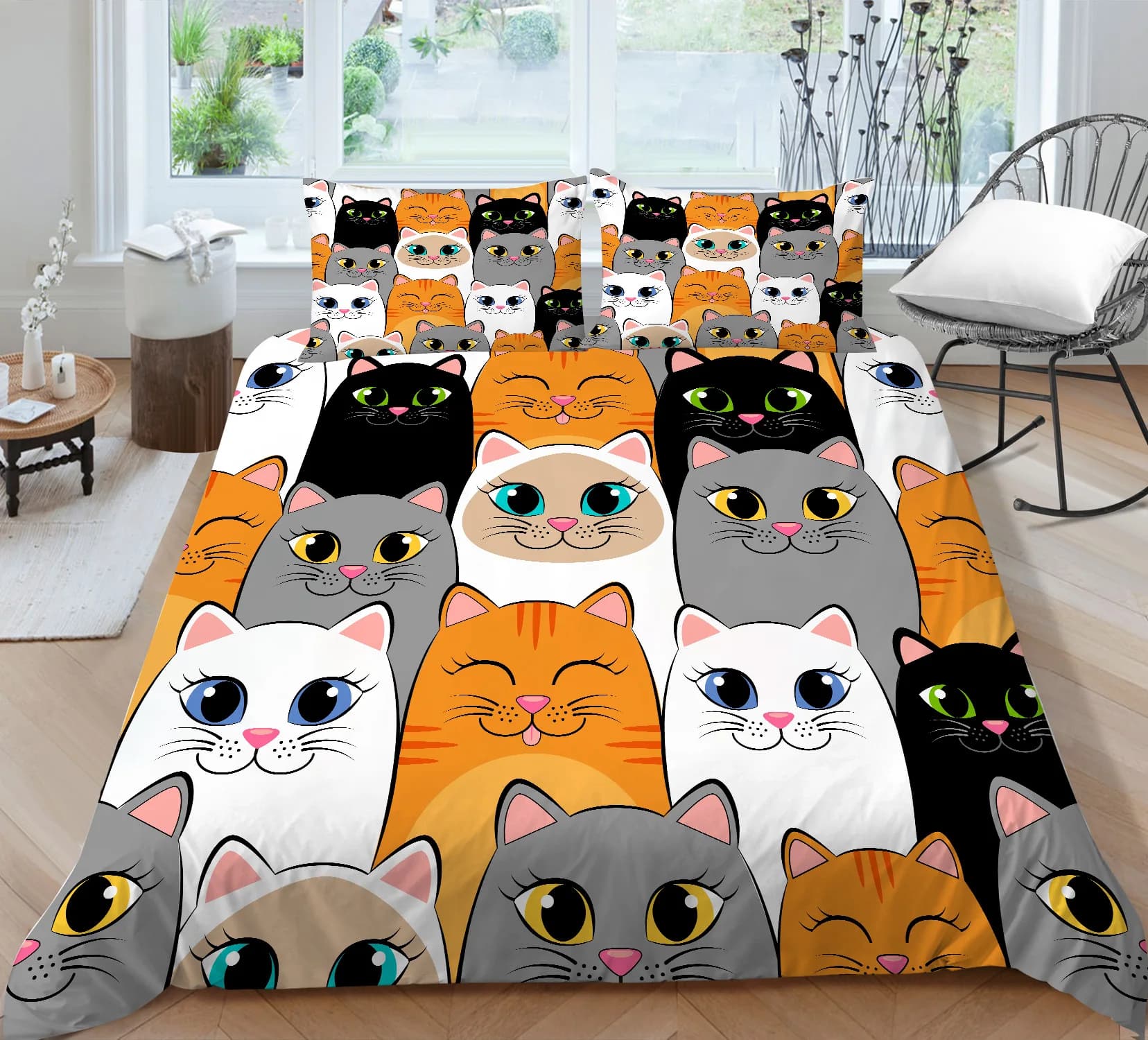 Copripiumino per gatti King/Queen Size colorato adorabile cartone animato Kitty copripiumino in poliestere per bambini ragazze ragazzi Set biancheria da letto arancione