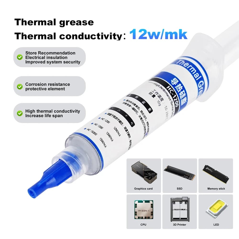 12W/MK Thermal Grease High Thermal Conductivity Excellent Temperature Performance for 3D Printers PC PS5 CPU Video Card Chips
