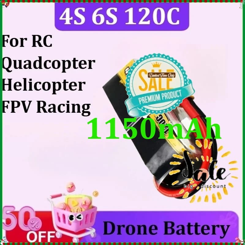 Batteria LiPo 4S 6S 15.2V 22.8V 1150mAh 120C per Quadricottero RC, Elicottero, Drone da Corsa FPV, Parti di Ricambio