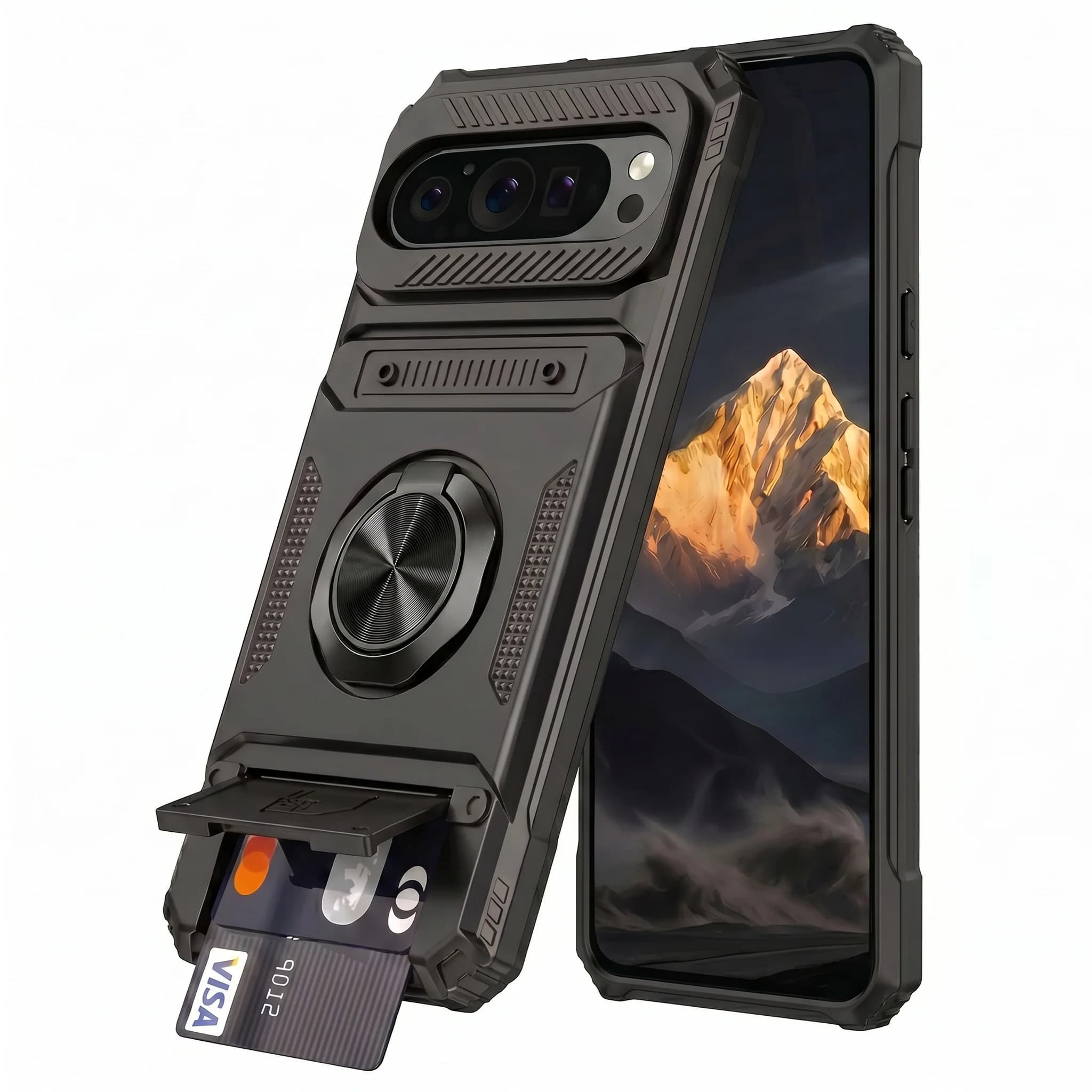 Custodia Magnetica di Lusso con Anello Girevole e Protezione Anti-Caduta per Google Pixel 9 Pro XL, con Slot per Carte Integrato