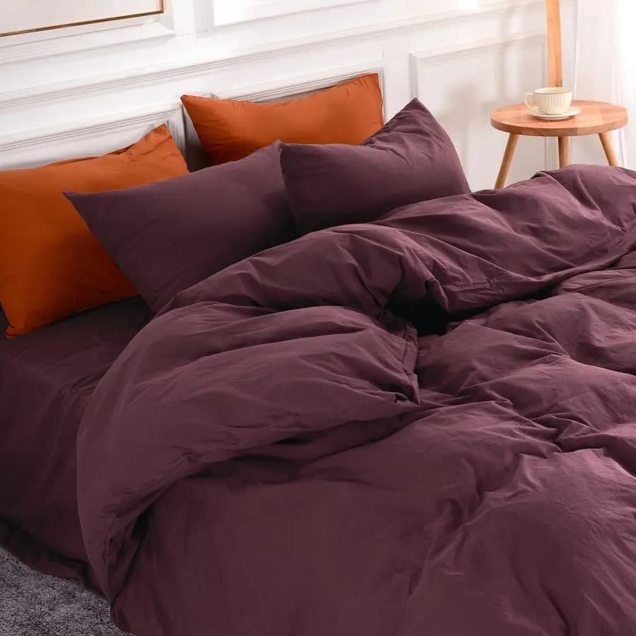 Set Queen Size Cover Lino Effect 100% Cotton Washed Red Burgundy Dark 3 Pieces with Hinge