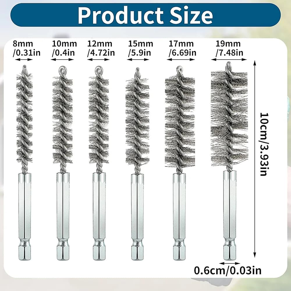 6 pezzi set di spazzole per pulizia tubi in acciaio inossidabile 1/4 "barra esagonale foro per filo intrecciato spazzola per pulizia spazzola per setole foro per spazzola metallica
