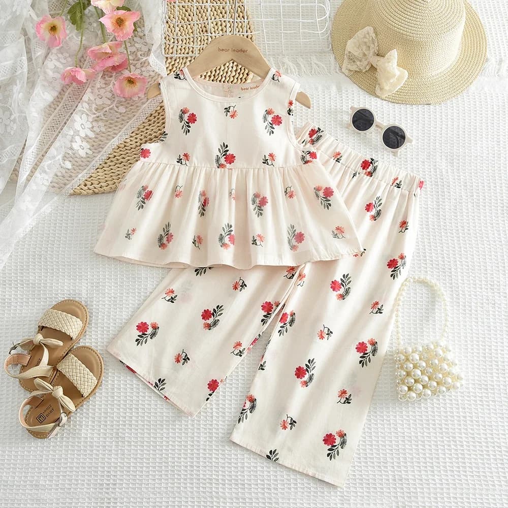 Summer New Beige Sweet Kids Clothes 3-7Y Girls Red Flower Print Sleeveless Top + Wide Leg Pants 2 Pcs Casual Children's Sets