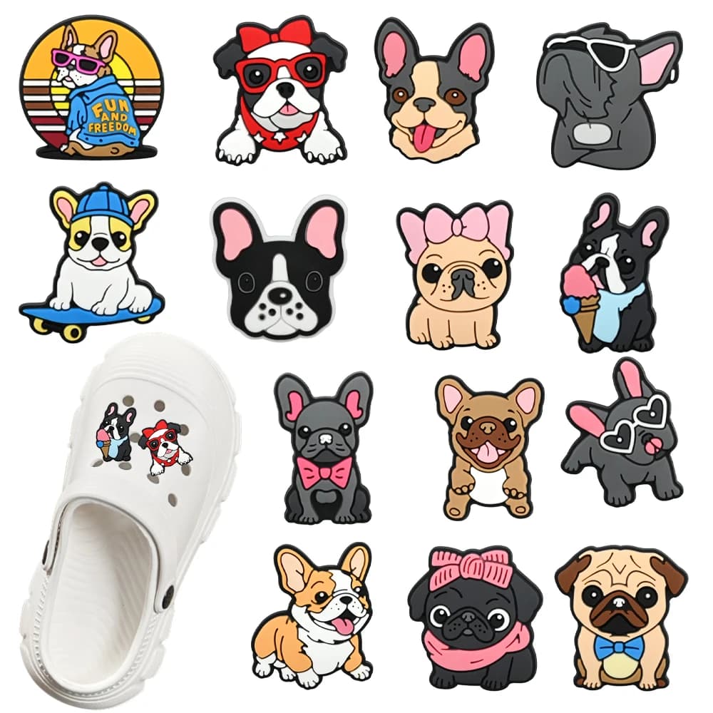 1-14Pcs Cute Cartoon Animal Dog DIY Shoe Charms PVC Shoe Charms Fit Wristbands Hole Slipper Decoration Shoe Accessories For Gift