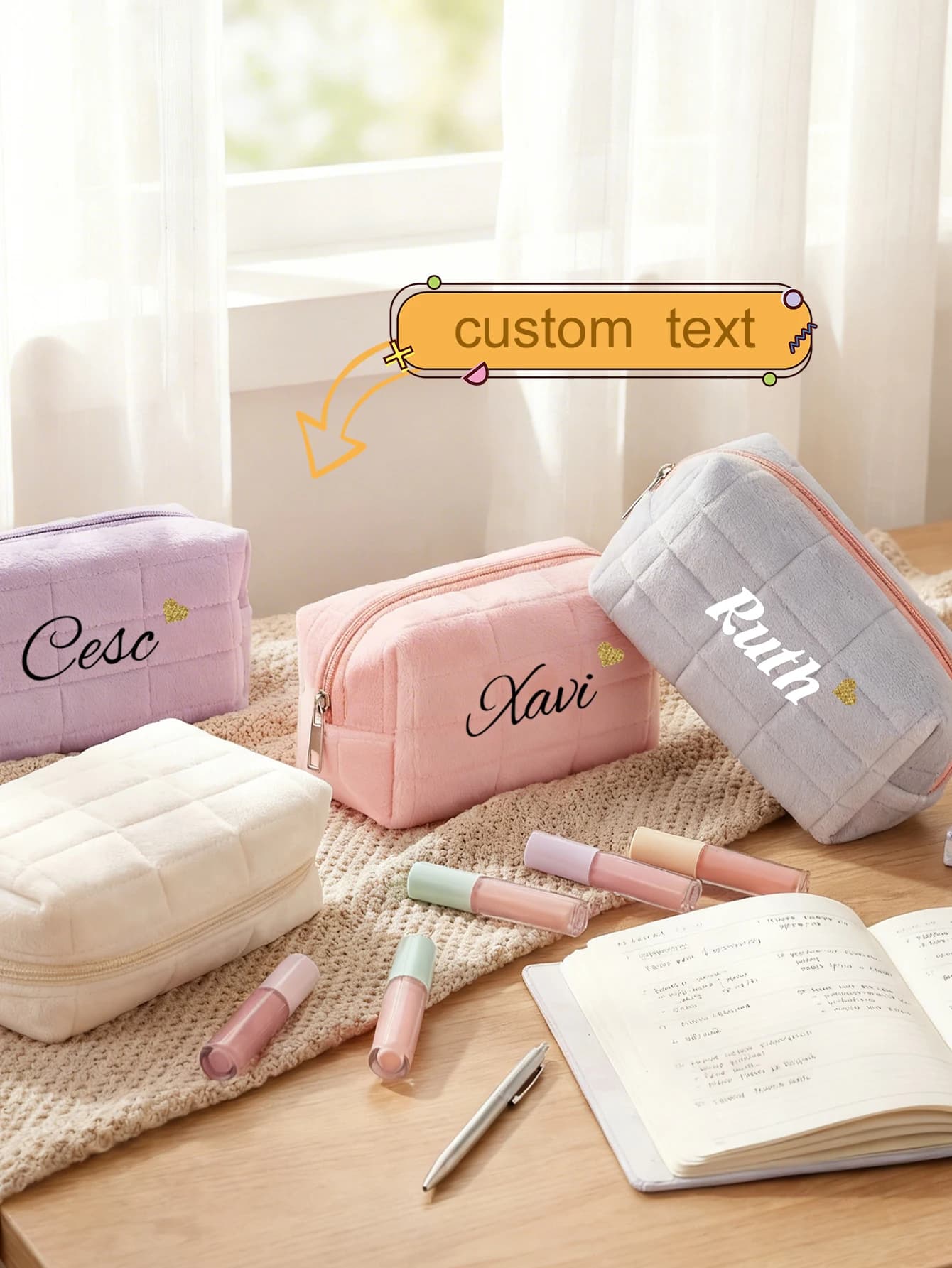Custom Name Grid Quilted Plush Pen Bag Personalized Heat Transfer Zipper Pencil Case Capacity Stationery Storage Back to School
