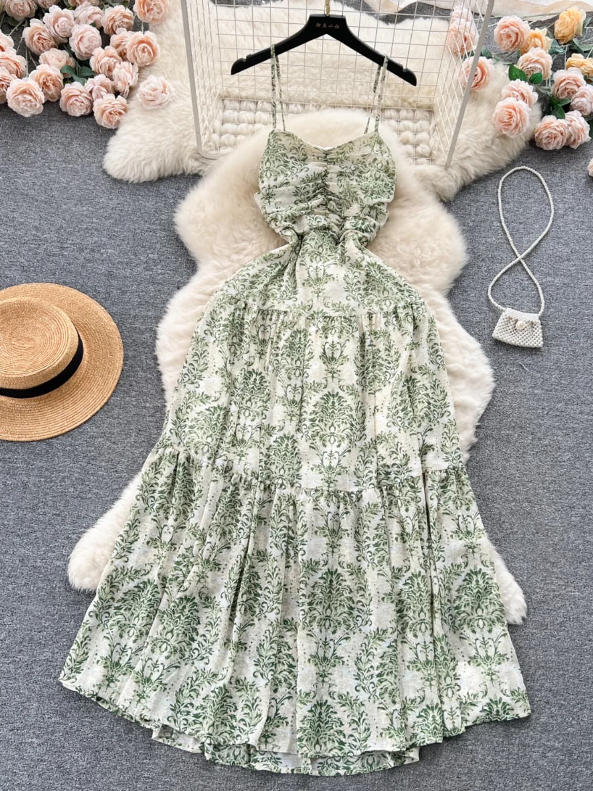 Elegant Floral Print Halter Dress Vacation Style A-Line Midi Skirt Gentle Breeze Sensation Ultra-Fairy Tale like Gown