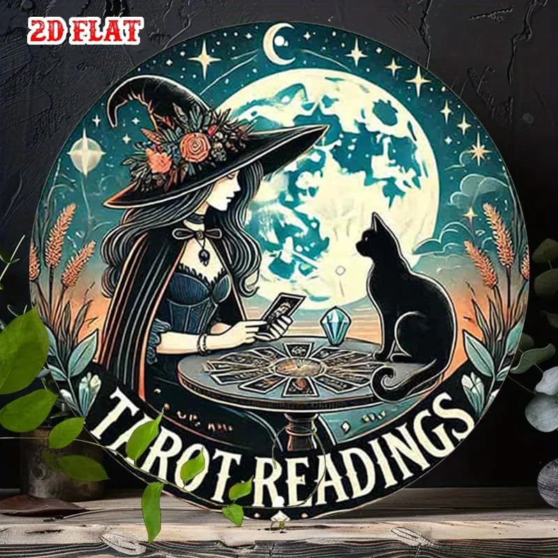 2D plan, 1 enchanting witch moonlight night circular wooden sign - mysterious tarot card star symbol wall decoration,