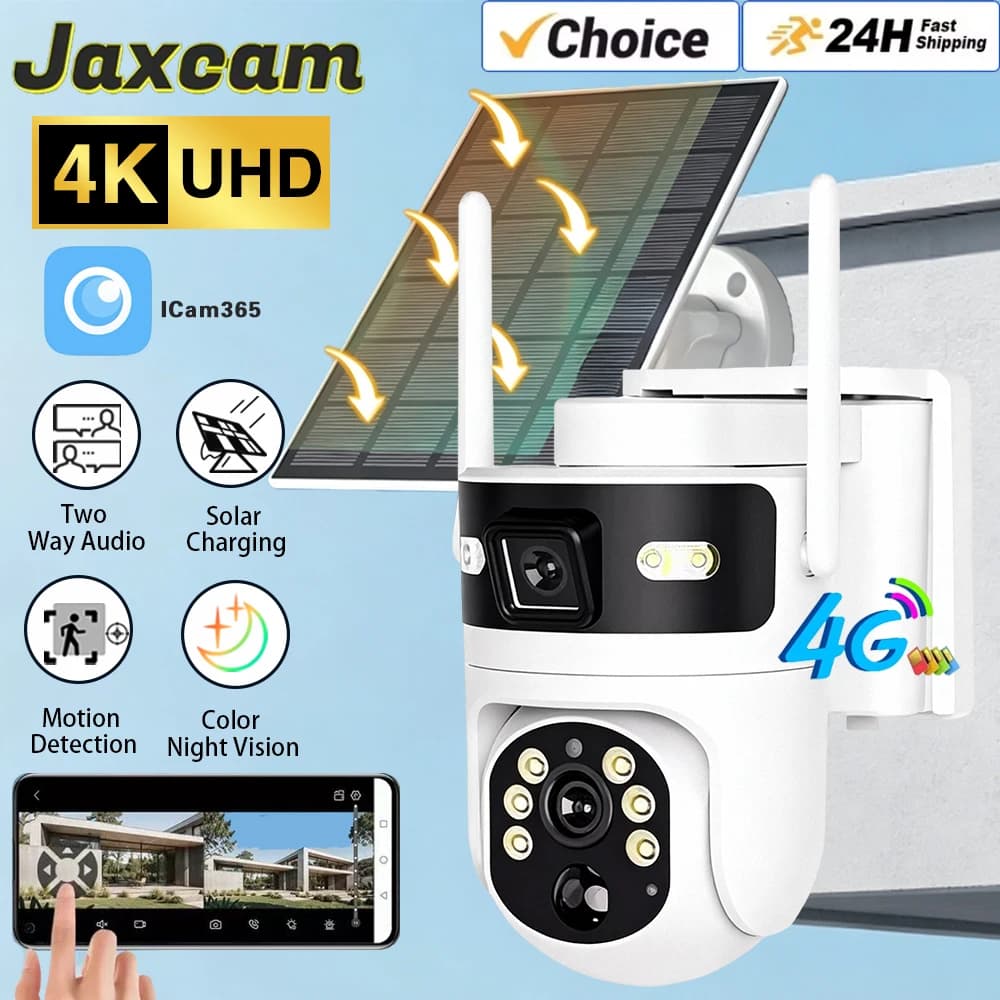 Telecamera Solare 4G con Scheda SIM, 8MP 4K, Doppia Lente, Monitoraggio a Doppia Visuale, Visione Notturna a Colori, Protezione di Sicurezza PTZ, Videosorveglianza