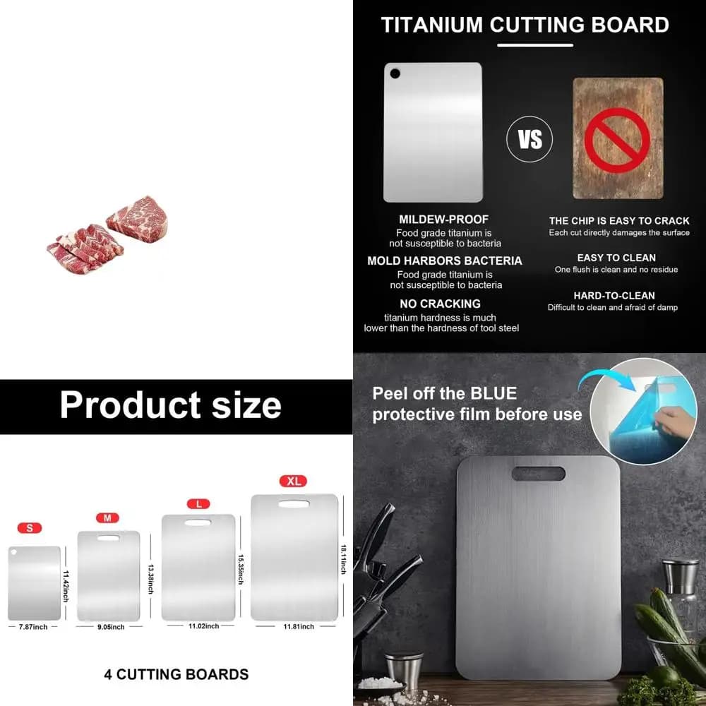100% Pure Titanium Taglieri Set, 3 Non-Toxic Double Sided Parts for Kitchen, Easy to Clean and Store (S+M+L)