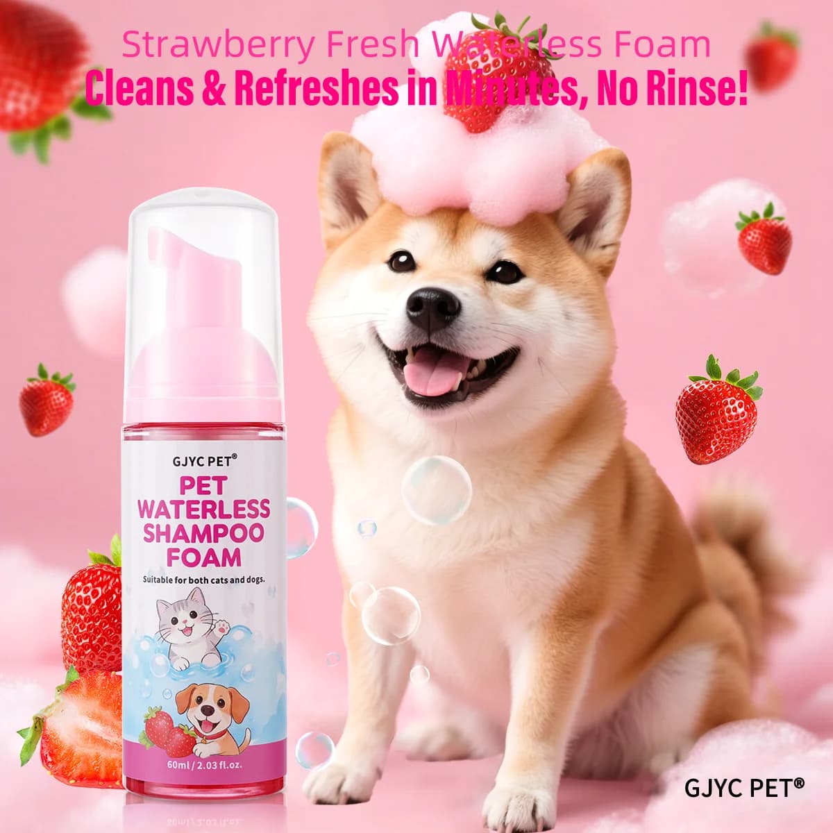 Mousse per Pulizia a Secco per Animali Domestici Senza Risciacquo Profumo di Fragola Ipoallergenica Pulizia Delicata Deodorante per Cani e Gatti Cura del Pelo Morbido