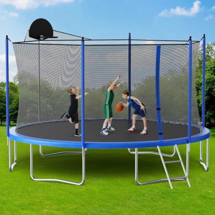 Trampolino Rotondo da Esterno 14ft per Adulti con Canestro da Basket e Rete di Protezione, Approvato ASTM, Trampolino Ricreativo