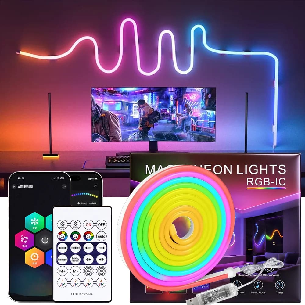 LED Neon Strip Light RGBIC USB Durable with Bluetooth APP Control Music Sync Smart Waterproof for Game Room and Party Decoration