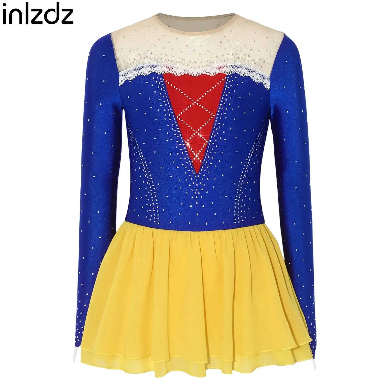 Abito da Pattinaggio Artistico con Strass Scintillanti per Ragazze, Vestito da Competizione con Maniche Lunghe in Rete e Pizzo, Stile Principessa