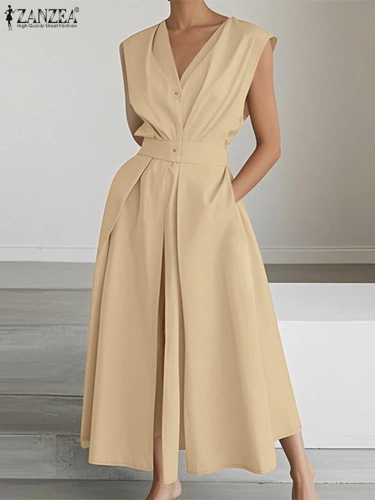 Abiti eleganti da donna con scollo a V 2025 ZANZEA Abito camicia estivo Elegante senza maniche Solido da lavoro OL Vestito estivo Maxi Abito lungo Abiti