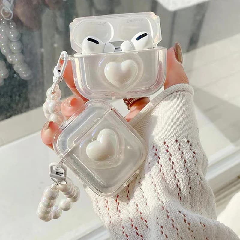 AirPods Pro2 Laser Pearl Heart Simple Earphone Case for AirPods Pro2 Third Generation Headphone Charging Box Protect Cover for Air Pods 2 Keyrings