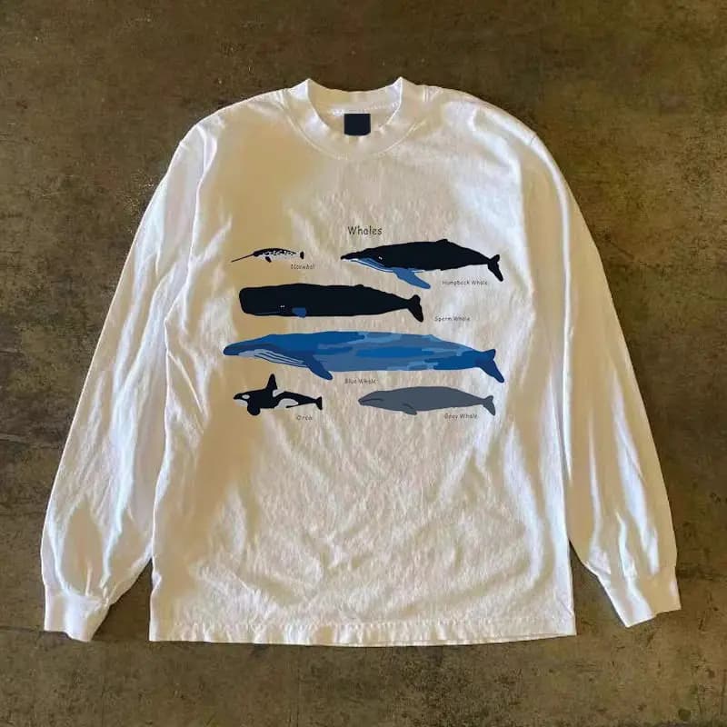 T-shirt a maniche lunghe da uomo in puro cotone con stampa balena americana trendy e divertente