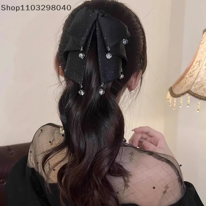 Elegante forcina per capelli con fiocco in tessuto di pizzo con strass e clip di squalo – Accessori per capelli alla moda per le donne