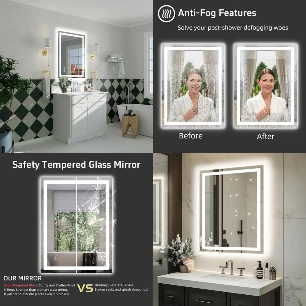 Specchio da Bagno LED Retroilluminato 24x32, Dimmerabile, Doppia Illuminazione, Vetro Temperato