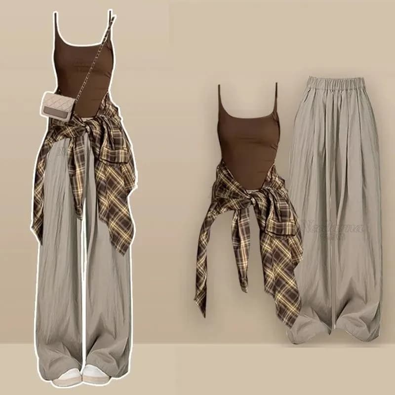 Completo da donna 3 pezzi casual elegante coreano a quadri, con camicia a maniche lunghe, top a bretelle e pantaloni larghi, Nuova Collezione Primavera Estate 2026
