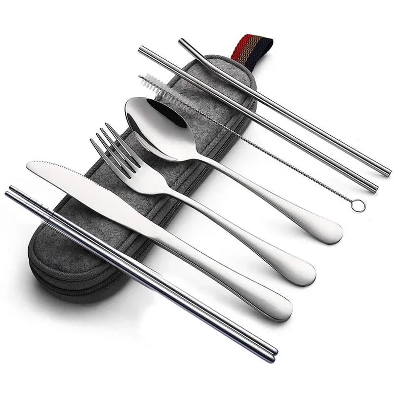 Set di posate da viaggio portatili Set di paglia per coltello forchetta cucchiaio in acciaio inossidabile Utensili da fiabe riutilizzabili con utensili da cucina da campo per torte