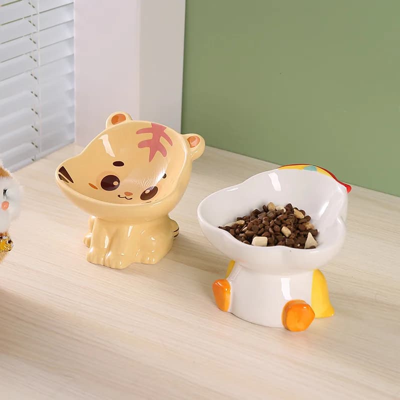 Creative ceramic pet bowl cartoon painted large bowl mouth, neck protection, anti black chin, water and food filling