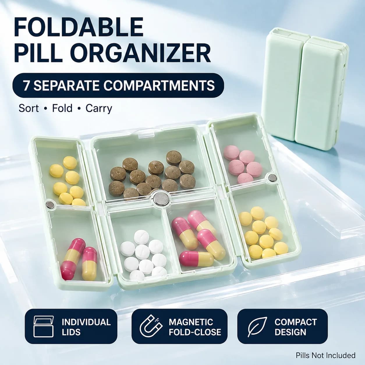 1 Pcs Double-Layer Magnetic Independent Folding Medicine Storage Box 7 Compartments Dust-Proof Moisture-Proof Organizer for Tabl